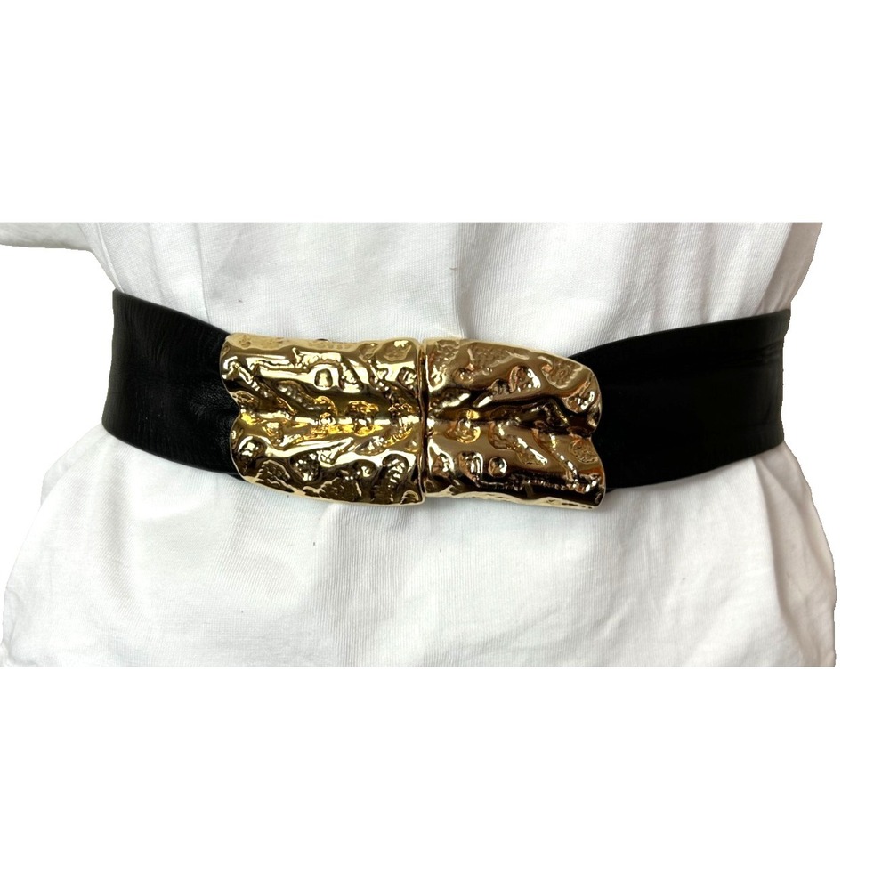 Vintage 90s REVCOR Modernist Textured Gold Clasp Black Leather Waist Belt Large